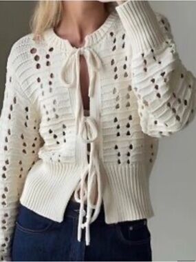 Jessica Simpson Cream Open-Knit Tie-Front Cardigan